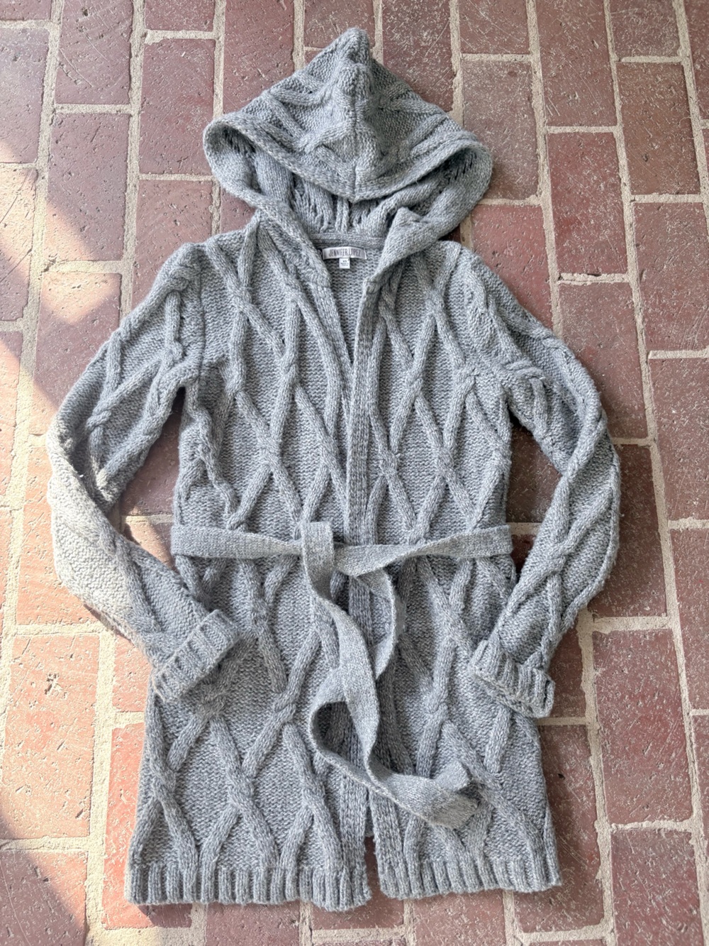 Jennifer Lopez Light Gray Cable-Knit Belted Cardigan